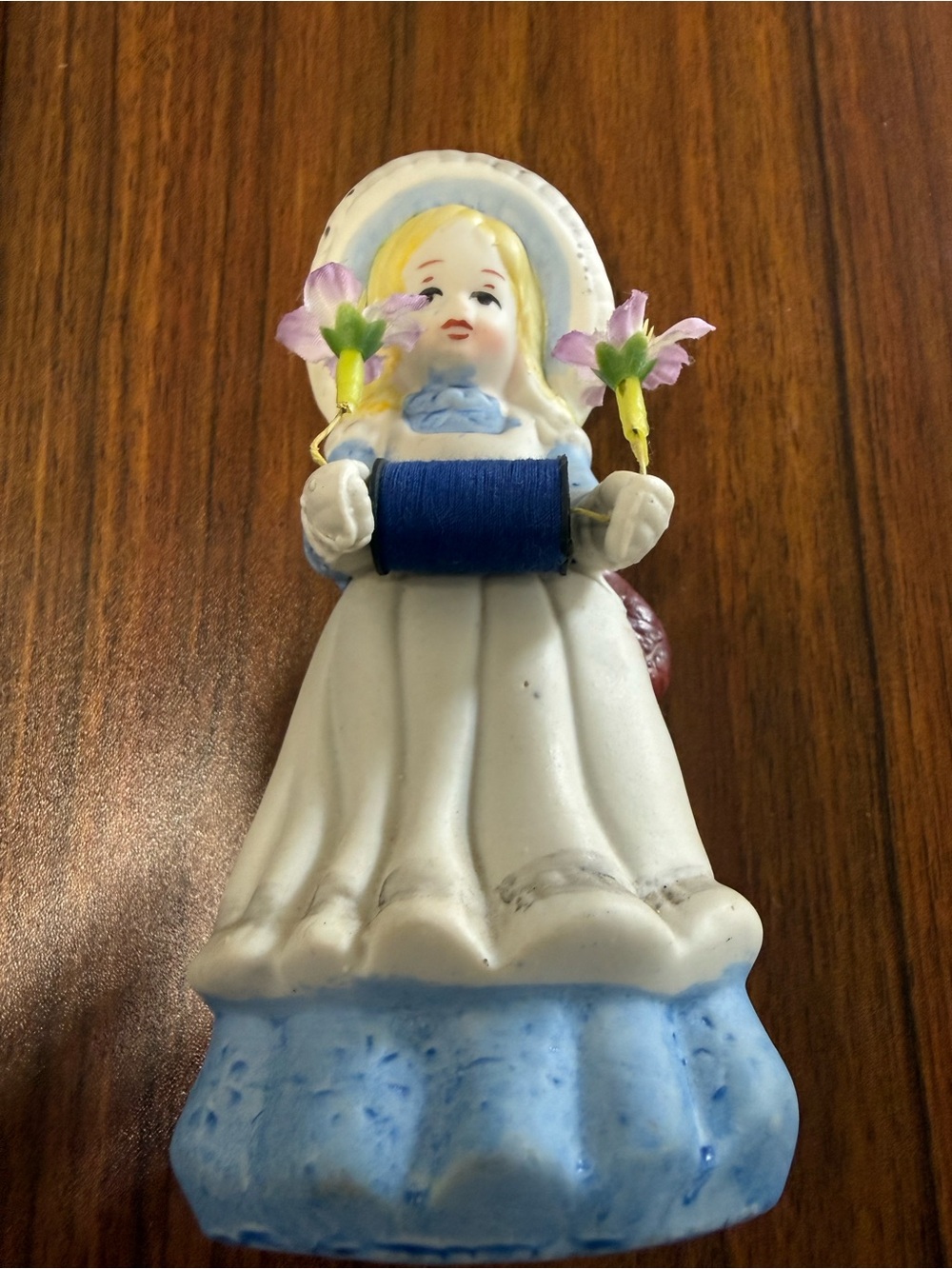 Vintage Sewing Holder Figural flower Girl PIN CUSHION Thread Scissor Blue Dress